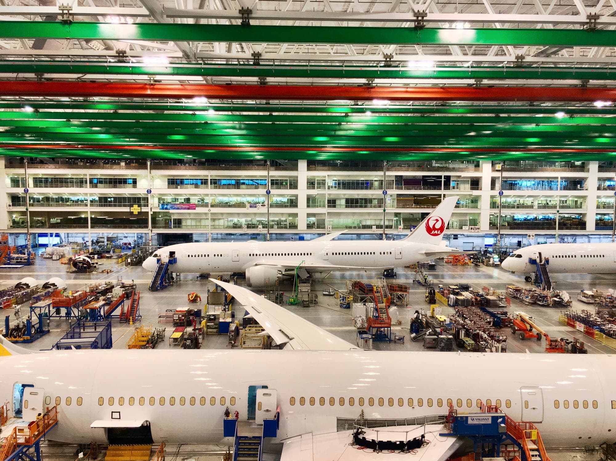 Boeing 787 Dreamliners, including a 787-9 for Japan Airlines, on the final assembly line at Boeing South Carolina in North Charleston in March 2018.