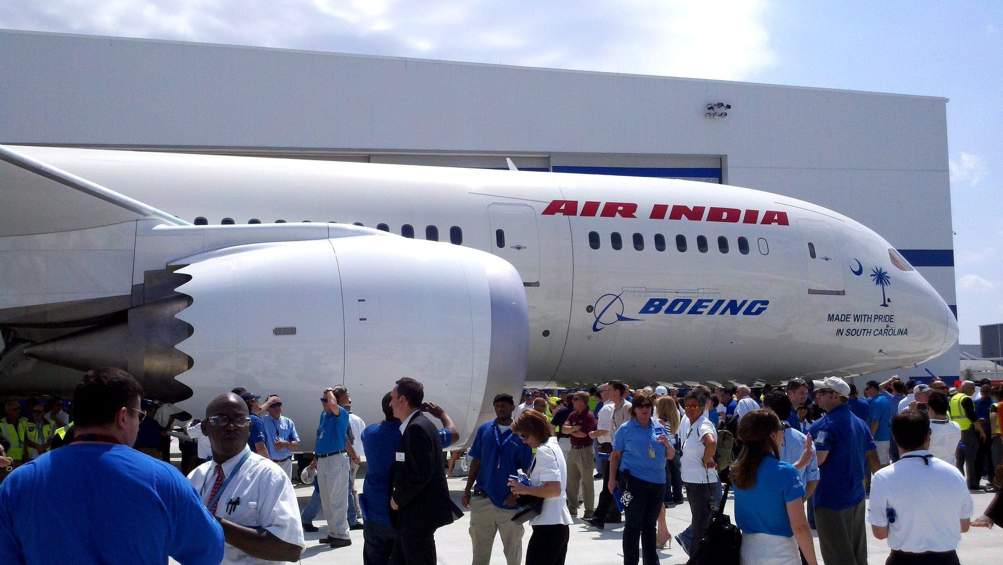 The first Boeing 787 Dreamliner built in North Charleston, painted for Air India, at its rollout event in North Charleston, S.C., on April 27, 2012.