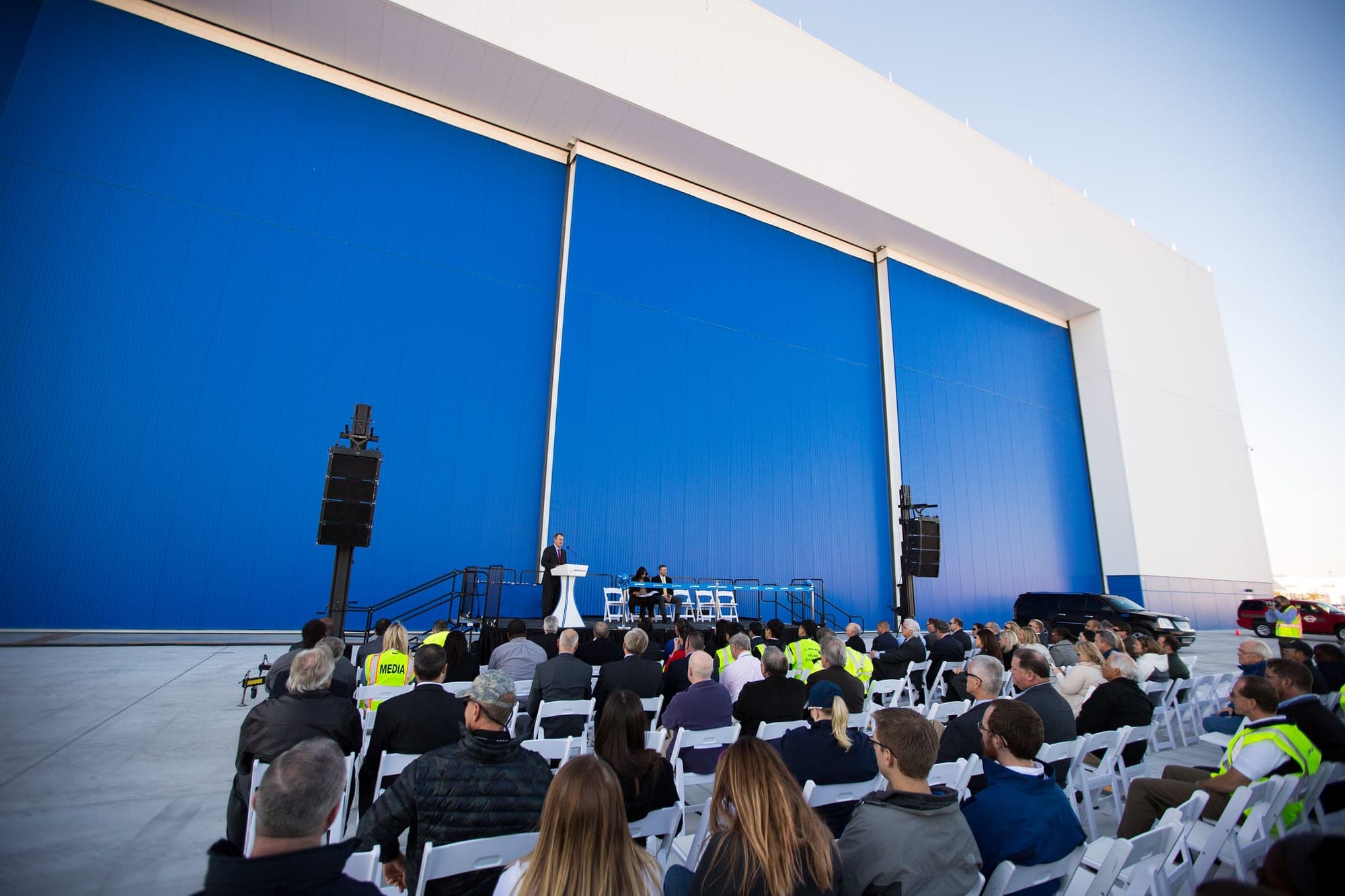 Guests attend the opening of Boeing's decorative paint facility in North Charleston, S.C., on Dec. 15, 2016.
