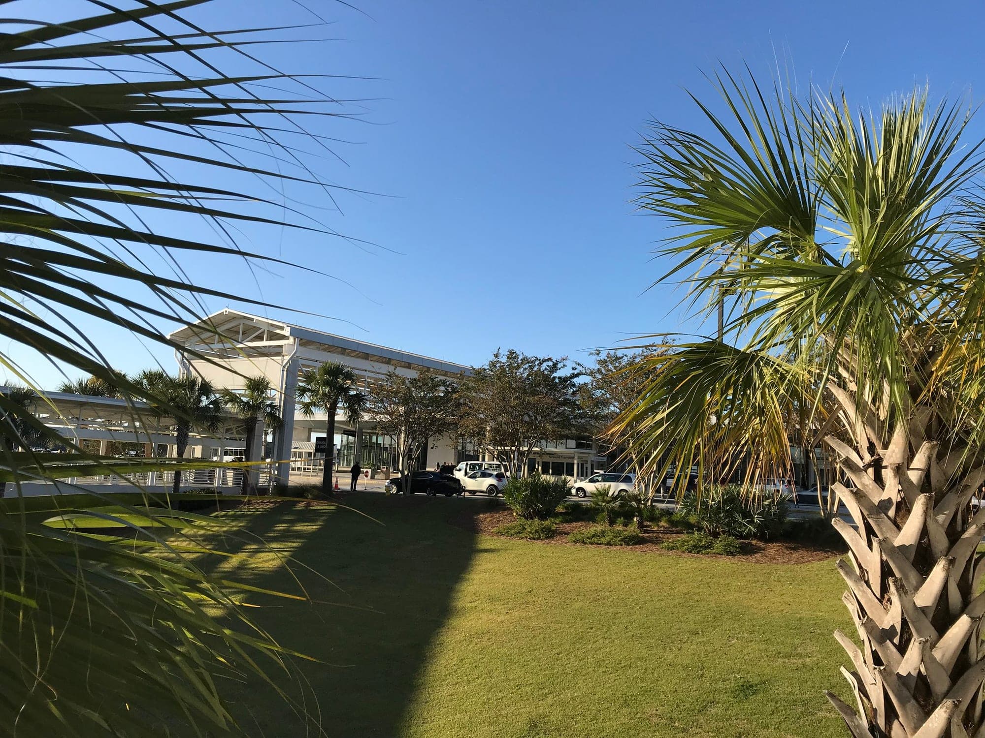 Palmettos frame the front of the passenger terminal at Charleston International Airport in North Charleston in November 2019.