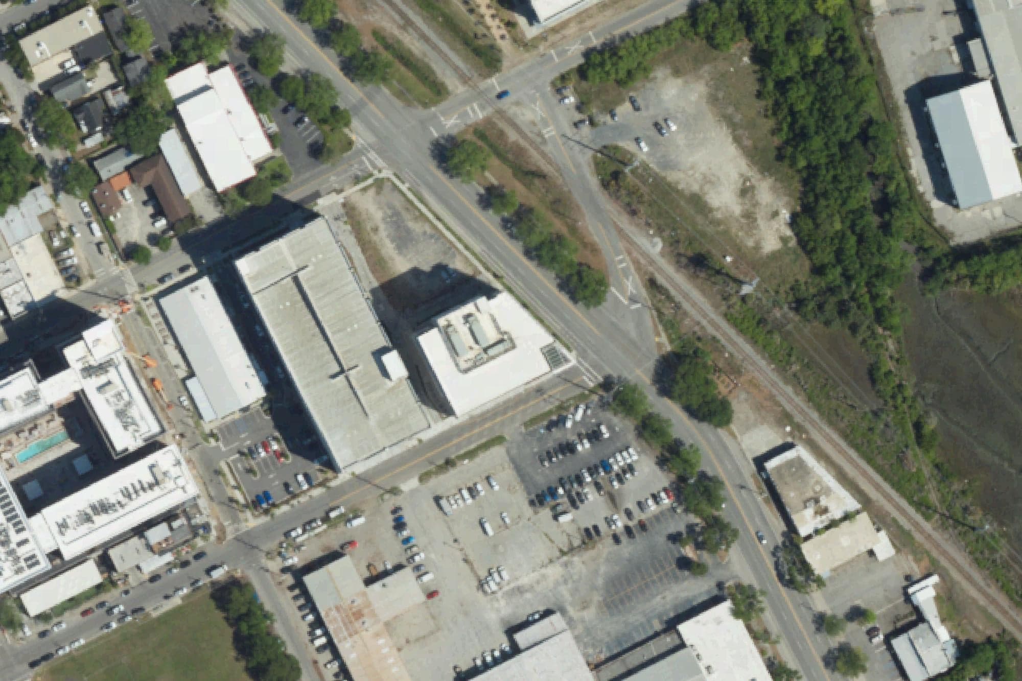 The Charleston Tech Center, the white-roofed six-story building at center, on Morrison Drive in Charleston, seen in a U.S. Department of Agriculture aerial image from April 2023.