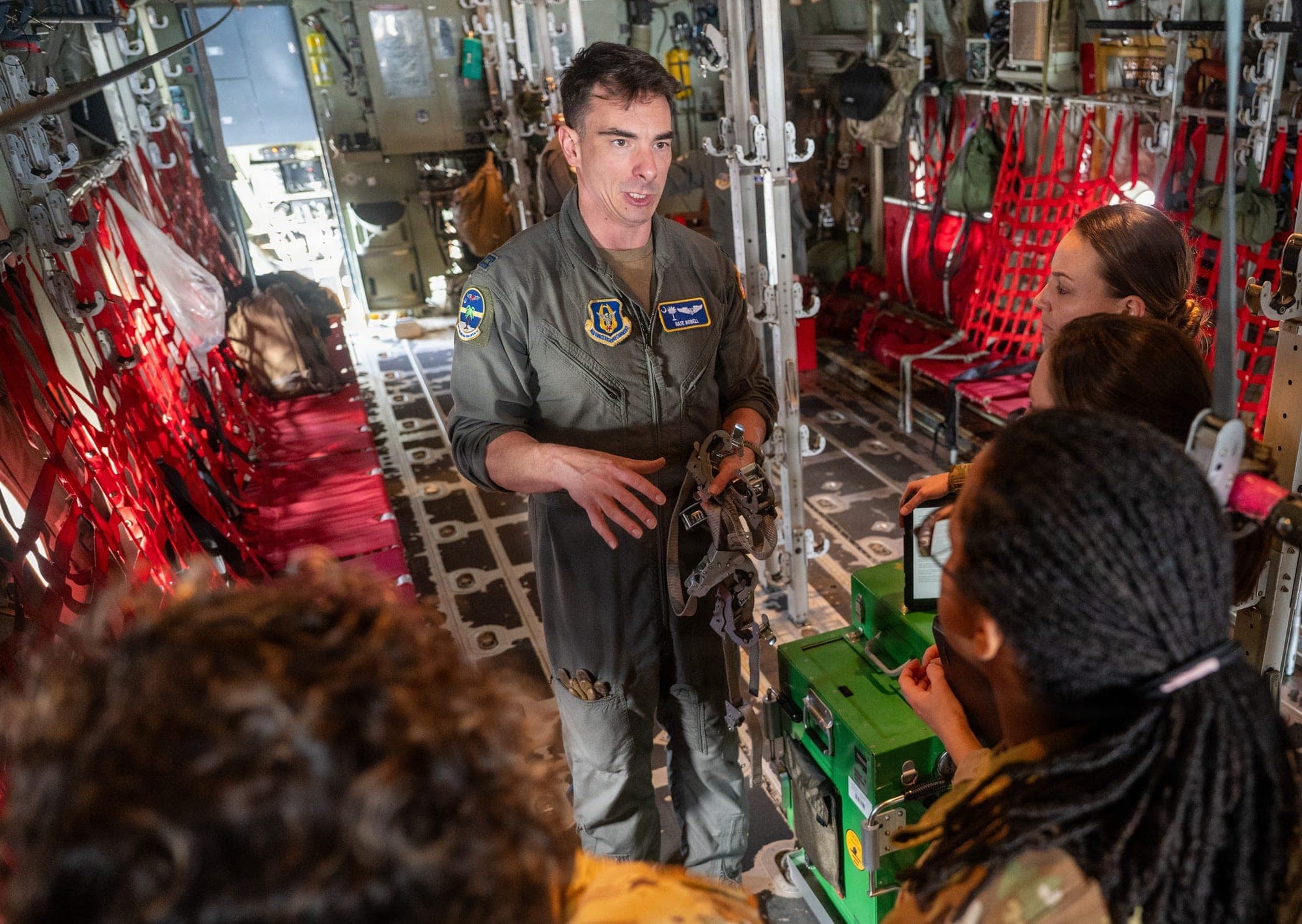A flight nurse with the 315th Aeromedical Evacuation Squadron gives hands-on instruction to squadron members aboard a visiting C-130J Super Hercules at Joint Base Charleston, now Joint Base Lindsey Graham, on Jan. 10, 2026.