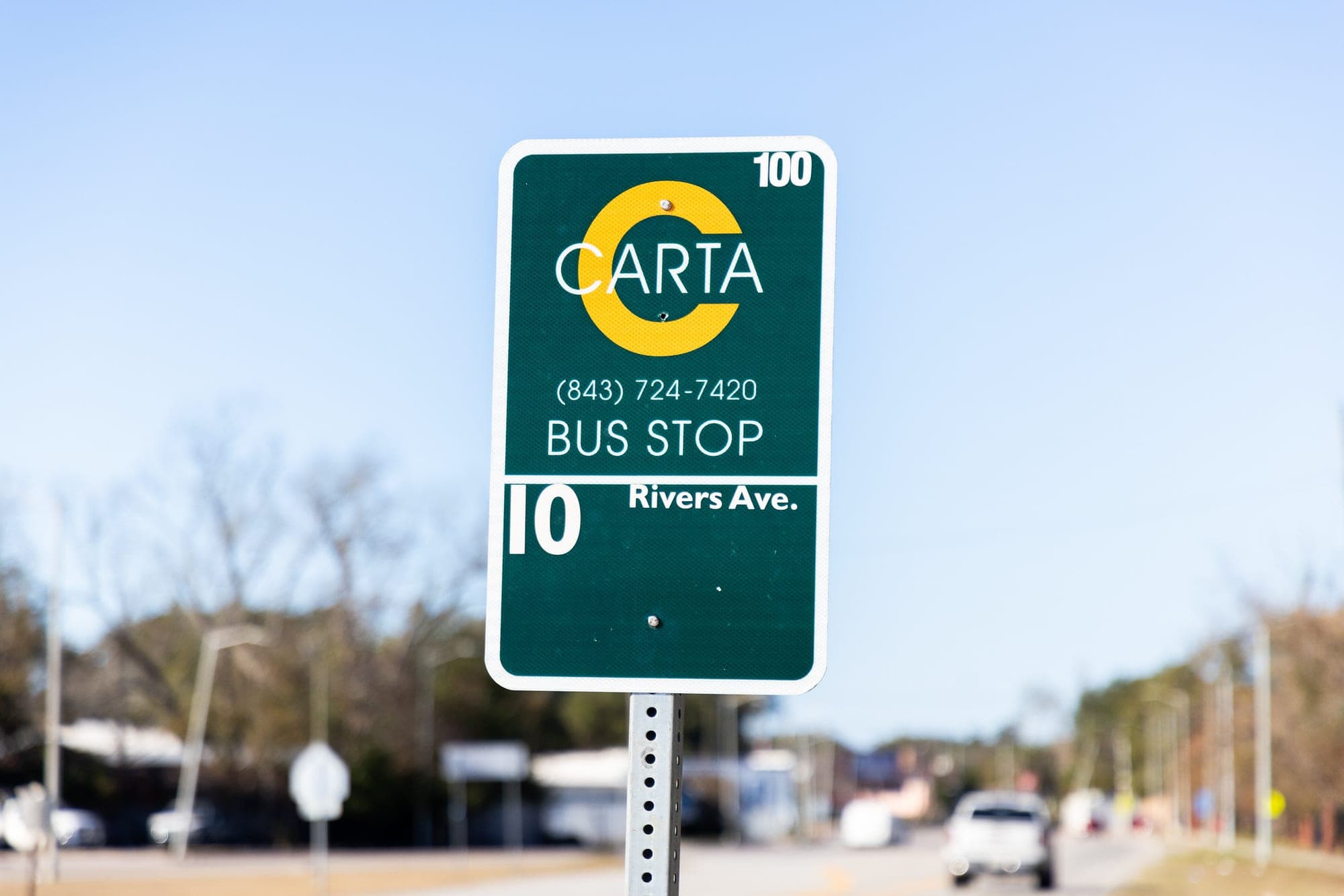 A CARTA bus stop sign for Route 10 Rivers Ave. in North Charleston, photographed in December 2024 as CARTA unveiled a new bus shelter on Carner Avenue. Lowcountry Rapid Transit would run primarily along Rivers Avenue.