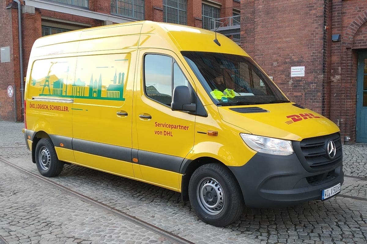 A current-generation Mercedes-Benz eSprinter in service as a DHL parcel delivery van in Berlin in July 2020. The current model is built in Düsseldorf, Germany.