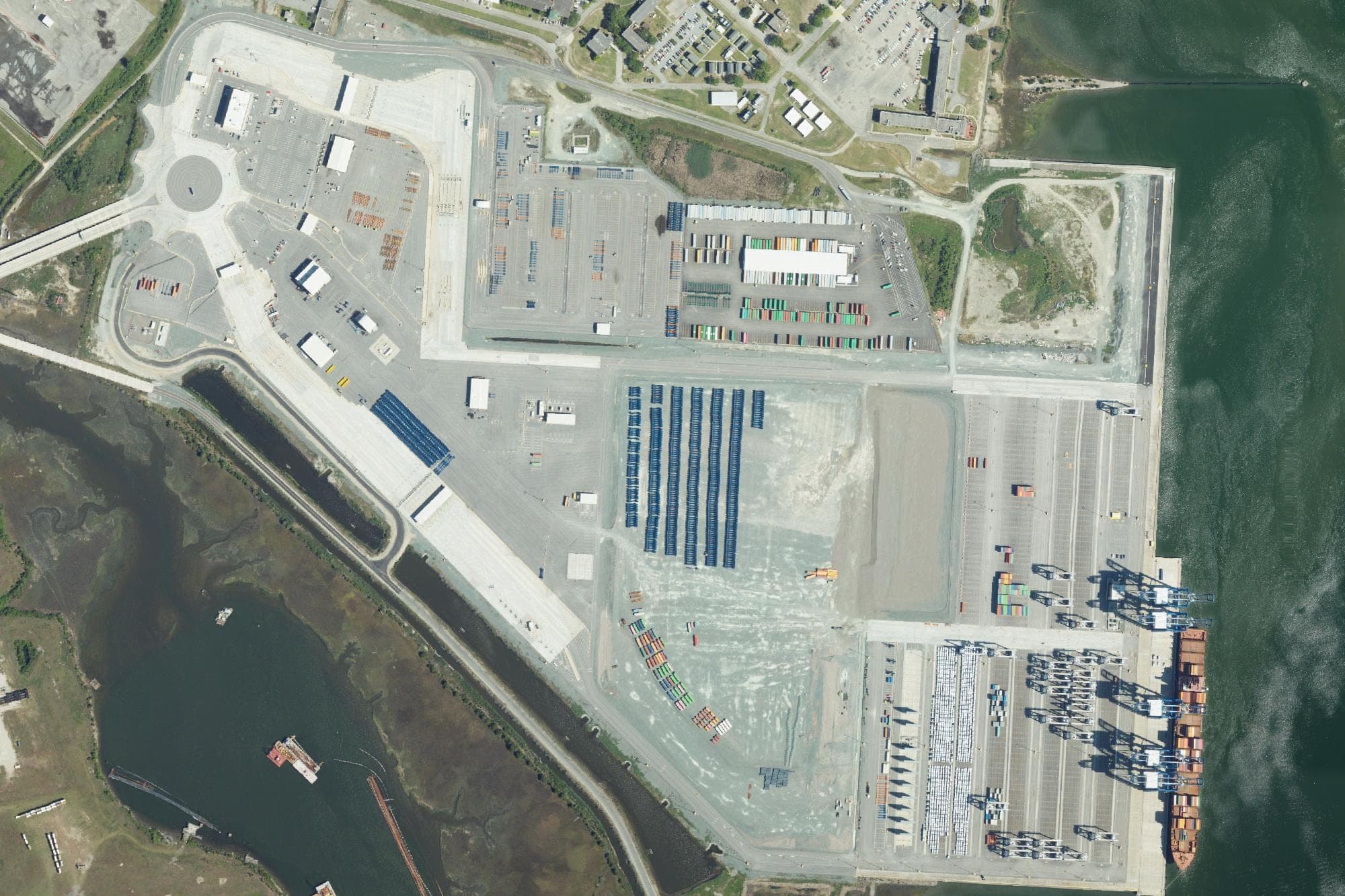 Hugh K. Leatherman Terminal, center, on the former Navy base in North Charleston, seen in a U.S. Department of Agriculture aerial image from April 2023. SC Ports idled the terminal on Aug. 1, 2026.