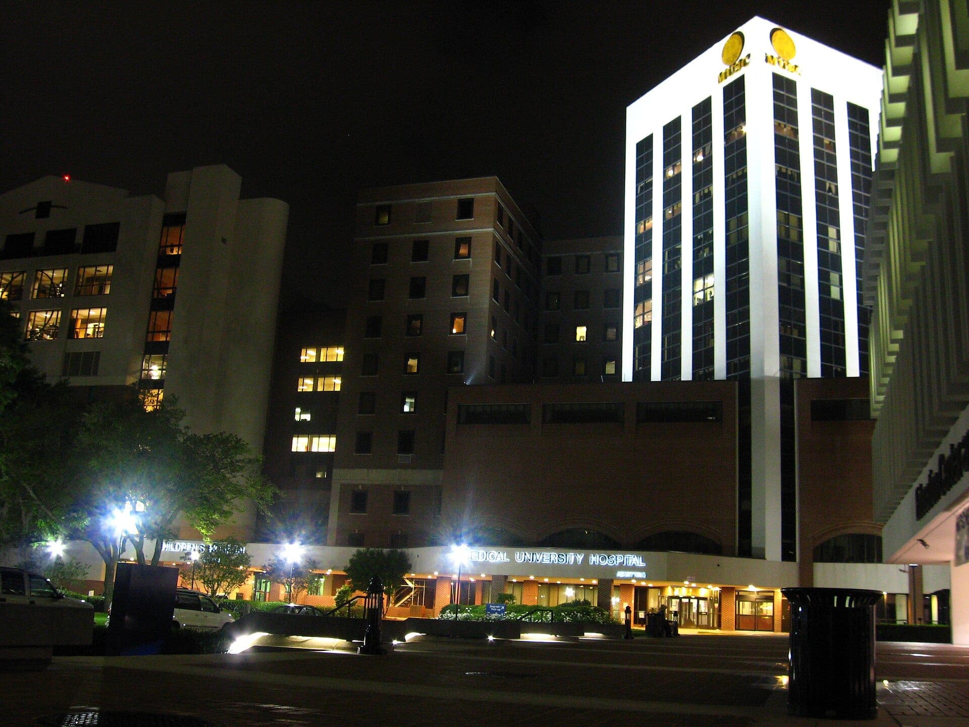The entrance to Medical University Hospital on the Medical University of South Carolina's Charleston campus at night in May 2007.