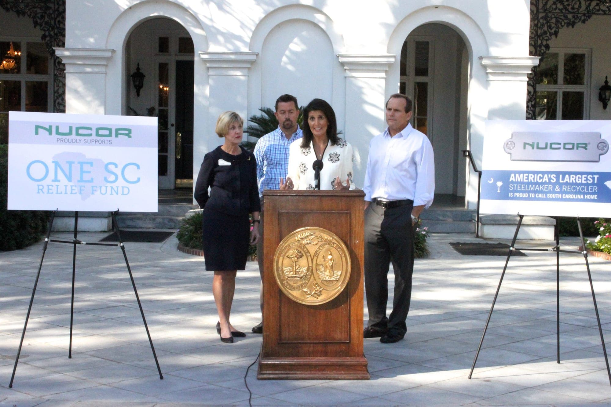 Gov. Nikki Haley speaks at a news conference outside the Governor's Mansion in Columbia on Oct. 26, 2016, where Nucor announced a $100,000 donation to the One SC Relief Fund.