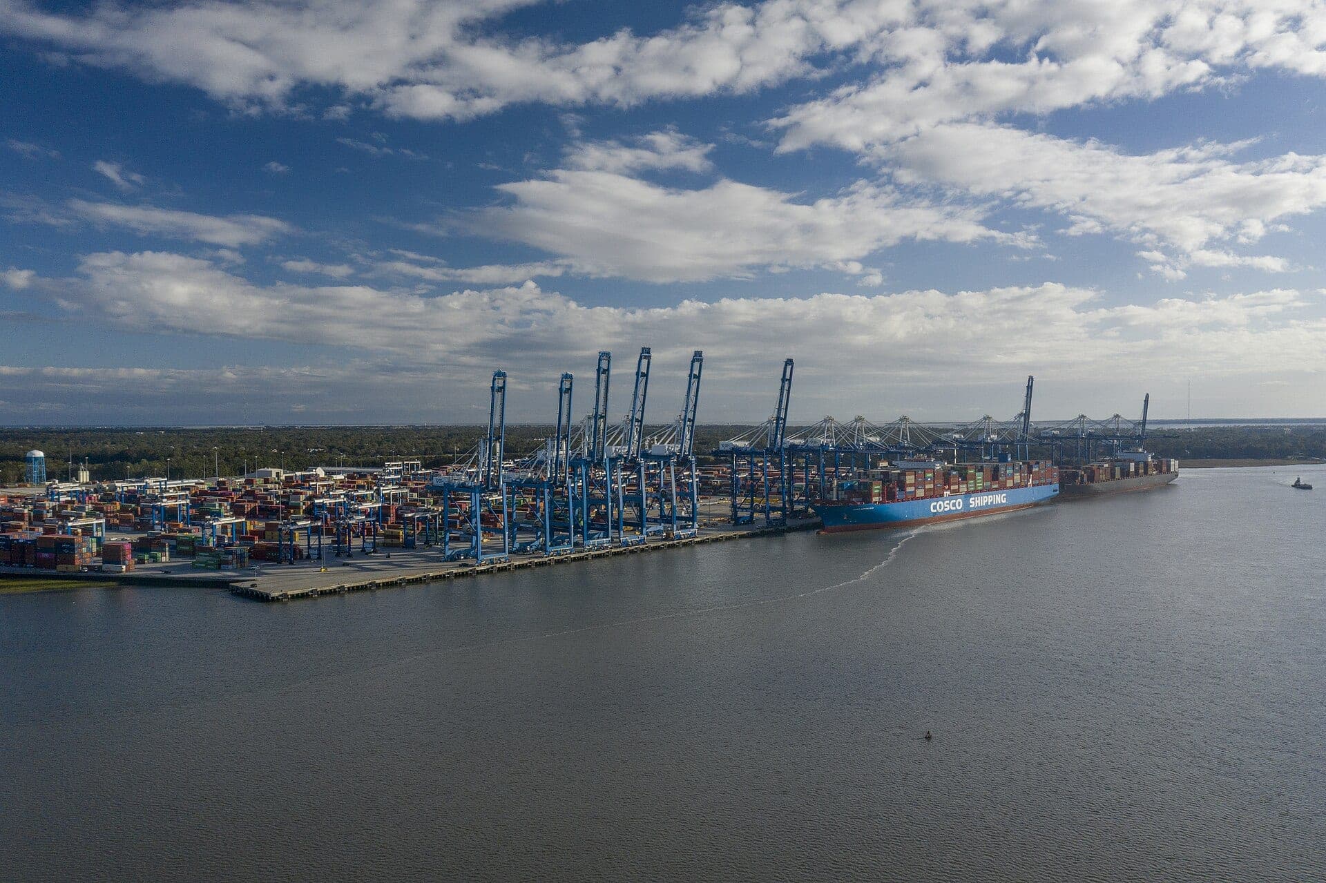Stacked containers fill the yard at Wando Welch Terminal in Mount Pleasant with two container ships docked at the wharf, in November 2020.