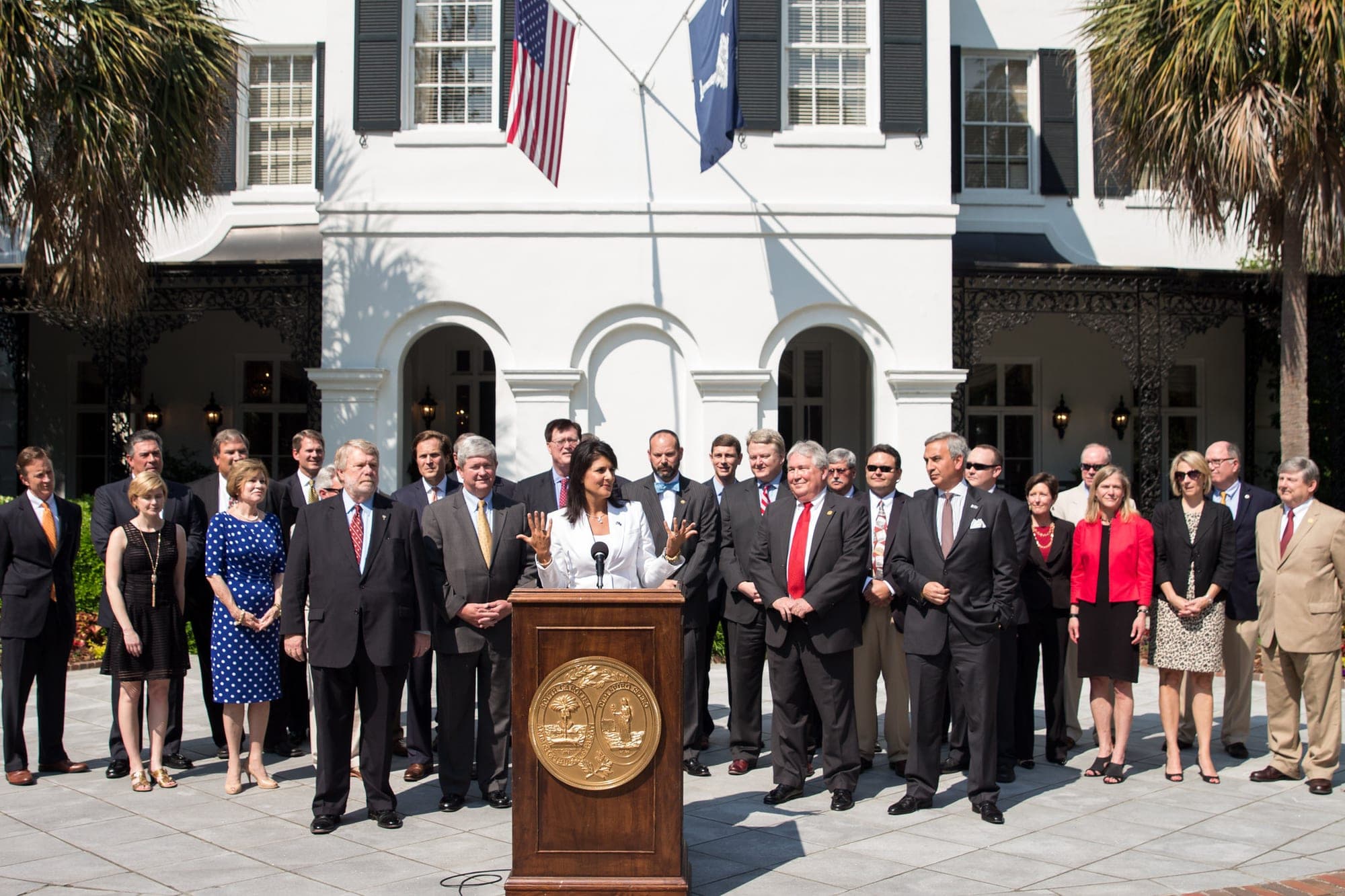 Gov. Nikki Haley and S.C. Commerce officials announce Volvo Cars' decision to build its first American factory in Berkeley County, at the Governor's Mansion in Columbia on May 11, 2015.