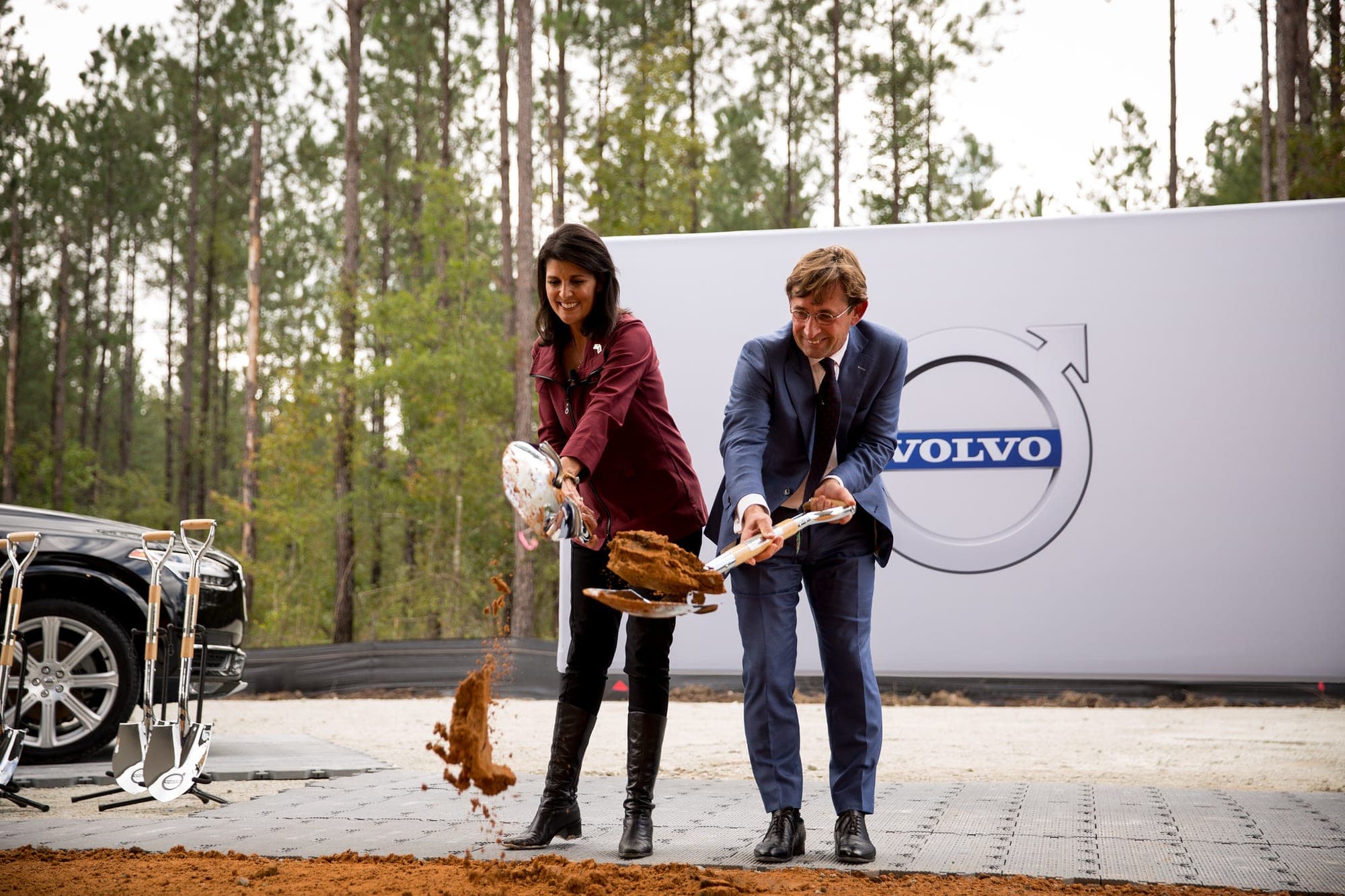 Gov. Nikki Haley turns a shovel of dirt at the Volvo Cars groundbreaking ceremony in Berkeley County on Sept. 25, 2015.